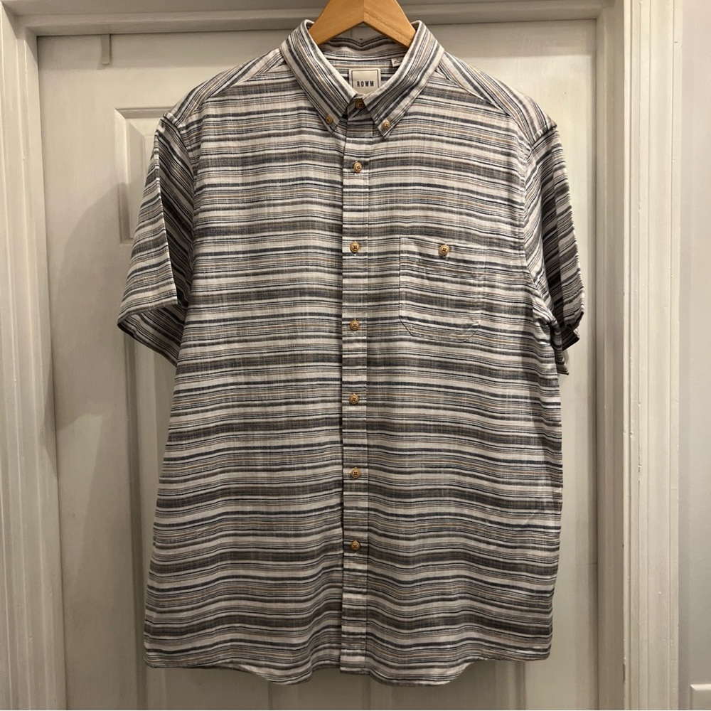 ROWM men’s short sleeve button down casual stripe one pocket shirt size large